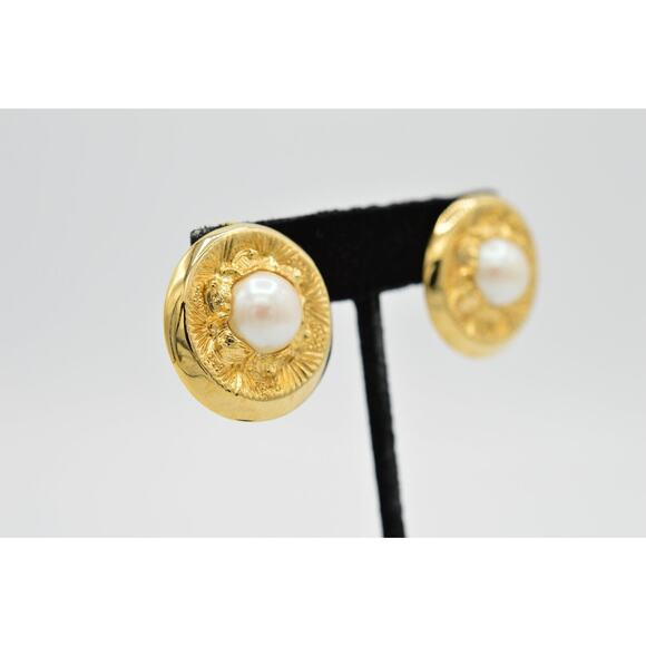 Vintage Pierced Earrings Dangle Brushed Gold Chunky Round Pearl NOS 1980s 9E - Picture 4 of 7